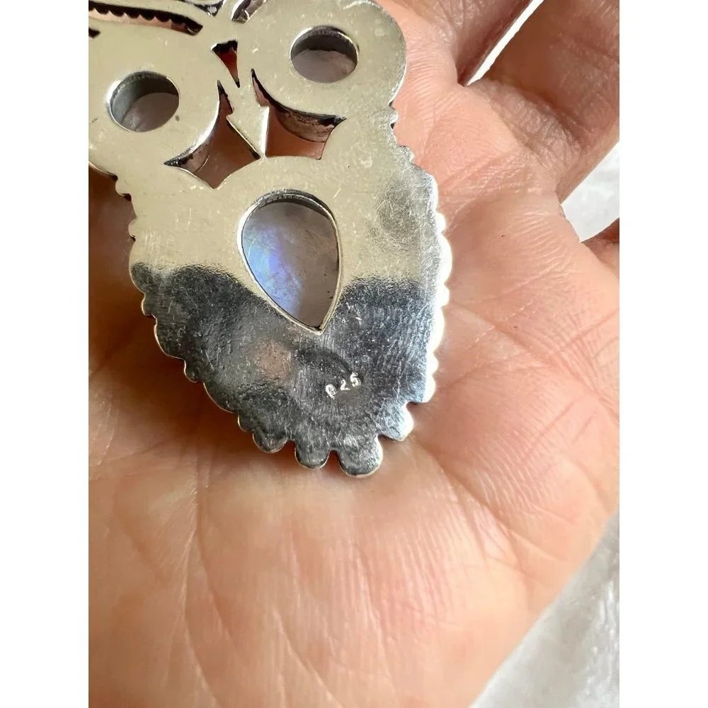 925 OWL Spirit Guide Rainbow Flash Moonstone Pendant Necklace